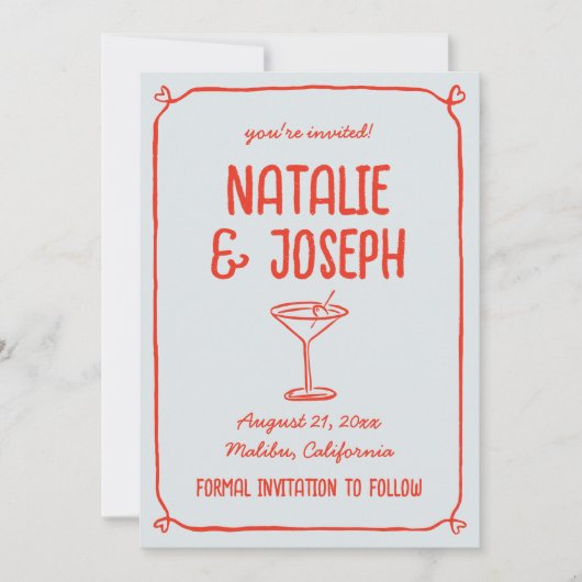 Retro Hand Getrokken Rood Blauw Cocktail Foto Huwe Save The Date (Voorkant)