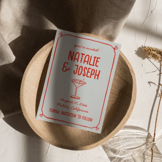 Retro Hand Getrokken Rood Blauw Cocktail Foto Huwe Save The Date