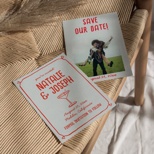 Retro Hand Getrokken Rood Blauw Cocktail Foto Huwe Save The Date