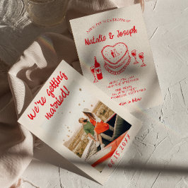 Retro Hand getrokken Rood Quirky Cake Foto Bruilof Kaart