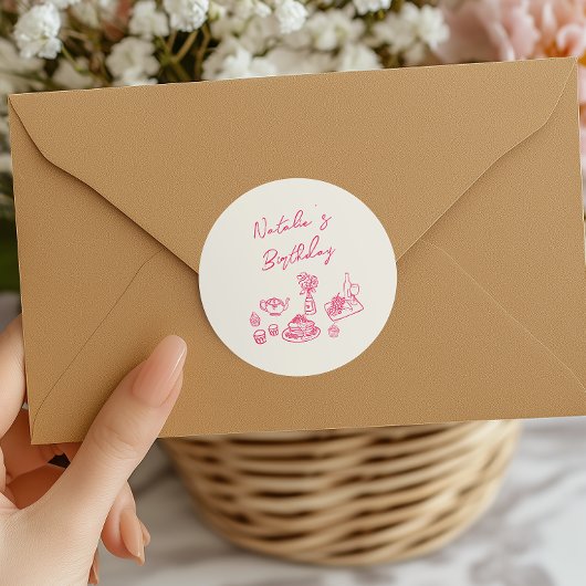 Retro Hand Getrokken Roze Servies Verjaardag Brunc Ronde Sticker