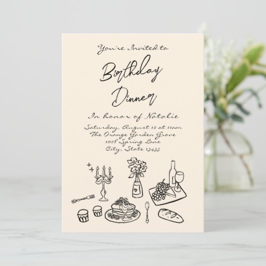 Retro Hand getrokken Verjaardag Diner Party Modern Kaart (Staand voorkant)