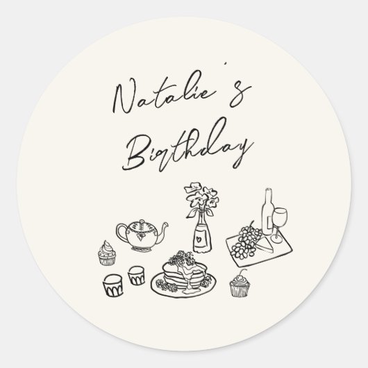 Retro Hand Getrokken Zwart Servies Verjaardag Brun Ronde Sticker (Voorkant)