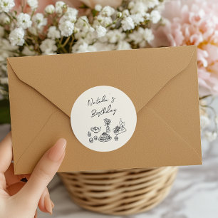 Retro Hand Getrokken Zwart Servies Verjaardag Brun Ronde Sticker