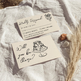 Retro Hand Written Drawn Cake Floral Wedding RSVP Kaartje