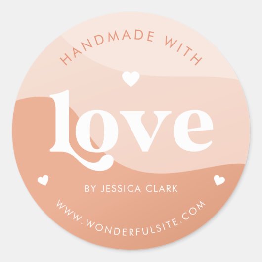 Retro Handgemaakt met Liefde Hart Perzik Boho Golv Ronde Sticker (Voorkant)