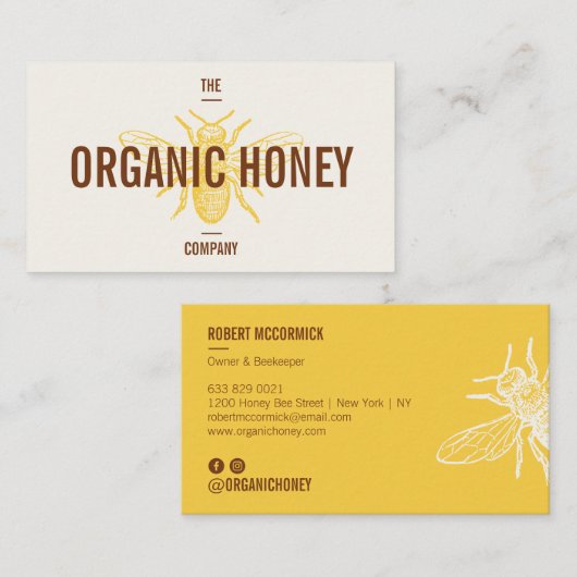 retro handgemaakte bruin geel honingbij logo visitekaartje (Voorkant / Achterkant)