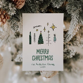 Retro handgeschilderde getekende groene kerstbomen feestdagenkaart