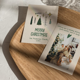 Retro handgeschilderde getekende groene kerstbomen feestdagenkaart