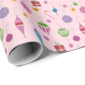 Retro handgeschilderde kerstversiering pastel roze cadeaupapier (Rol Hoek)