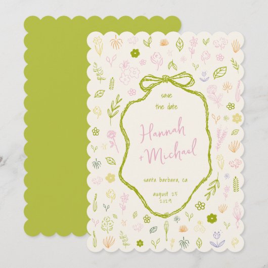 Retro Handgeschreven Getekende Bloemen Lente Bruil Save The Date (Voorkant / Achterkant)