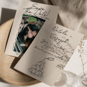 Retro handgeschreven getekende champagne foto brui save the date