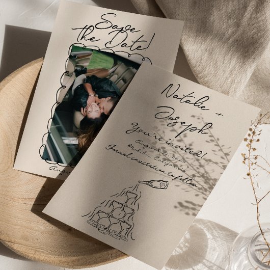 Retro handgeschreven getekende champagne foto brui save the date