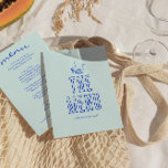 Retro Handgeschreven Getrokken Kleurrijke Heldere  Menu<br><div class="desc">Een kleurrijke retro funky moderne lichte bruiloft diner menu. Die chique sjabloon ontwerp van boho hemelsblauwe achtergrond en blauwe typografie en met de hand geschreven menu in blauw en met de hand getrokken stuk taart en glas en bloem en kaars. En heldere groene achtergrond. Perfect en passend bij de hele...</div>