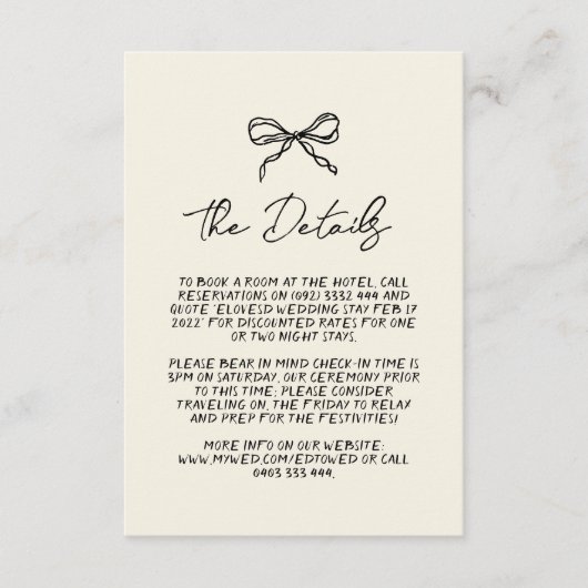 Retro handgeschreven grillige bruiloft detail informatiekaartje (Voorkant)