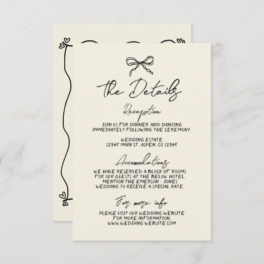 Retro handgeschreven grillige bruiloft detail informatiekaartje (Voorkant / Achterkant)