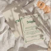 Retro handgeschreven grillige groene bruiloft deta informatiekaartje