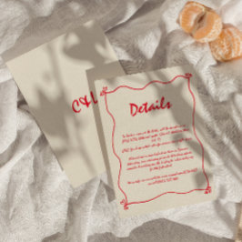 Retro handgeschreven grillige rode bruiloft detail informatiekaartje