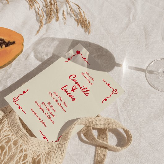 Retro handgeschreven grillige rode bruiloft kaart