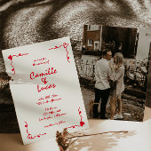 Retro handgeschreven grillige rode bruiloft kaart