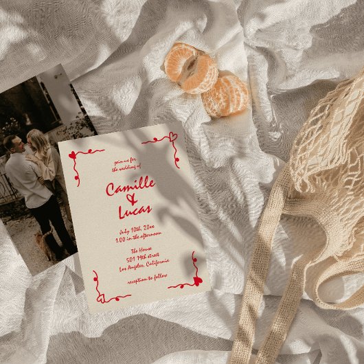 Retro handgeschreven grillige rode bruiloft kaart