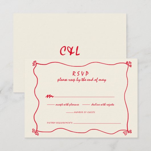 Retro handgeschreven grillige rode bruiloft RSVP kaartje (Voorkant / Achterkant)