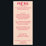 Retro Handgeschreven Kleurrijk Helder Modern Bruil Menu<br><div class="desc">Een kleurrijke retro funky moderne perzikrode vette bruiloftsmenu. Met een chic sjabloonontwerp van een boho perzik achtergrond helder rood magenta typografie en een handgeschreven menu in het rood. Perfect en passend bij de hele suite.</div>