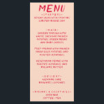 Retro Handgeschreven Kleurrijke Heldere Moderne Hu Menu<br><div class="desc">Een kleurrijke retro funky moderne perzik rood vet bruiloft diner menu. Dit ontwerp heeft een chique sjabloon van een boho peachy achtergrond met felrode magenta typografie en een handgeschreven menu in het rood. Perfect en passend bij de hele suite.</div>