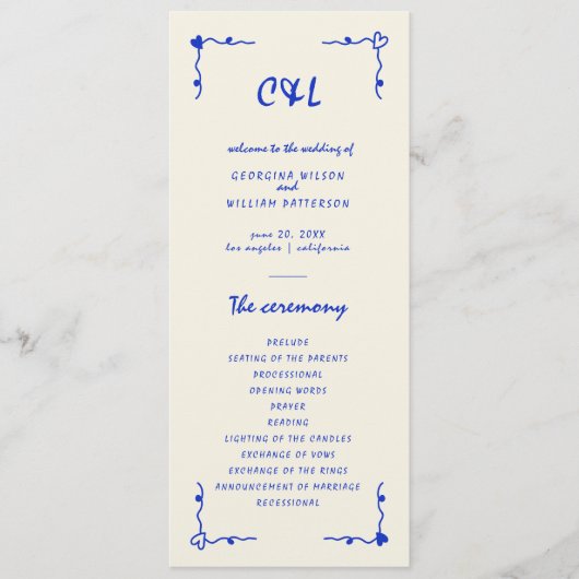 Retro Handgeschreven Whimsical Blue Flat Programma Programmakaart (Voorkant)