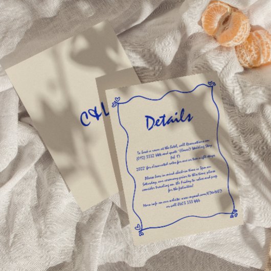 Retro Handgeschreven Whimsical Blue Wedding Detail Informatiekaartje