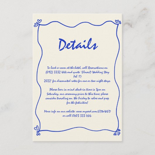Retro Handgeschreven Whimsical Blue Wedding Detail Informatiekaartje (Voorkant)