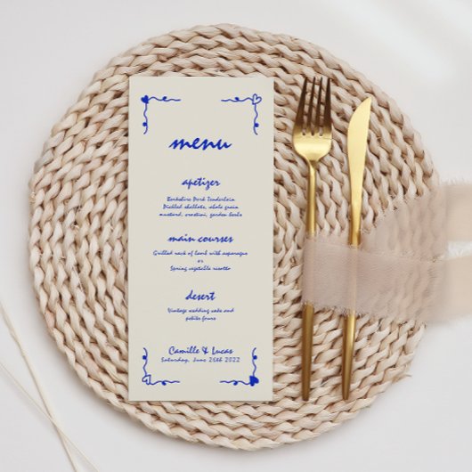 Retro Handgeschreven Whimsical Blue Wedding Menu
