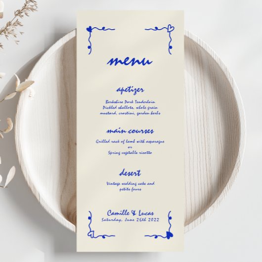 Retro Handgeschreven Whimsical Blue Wedding Menu