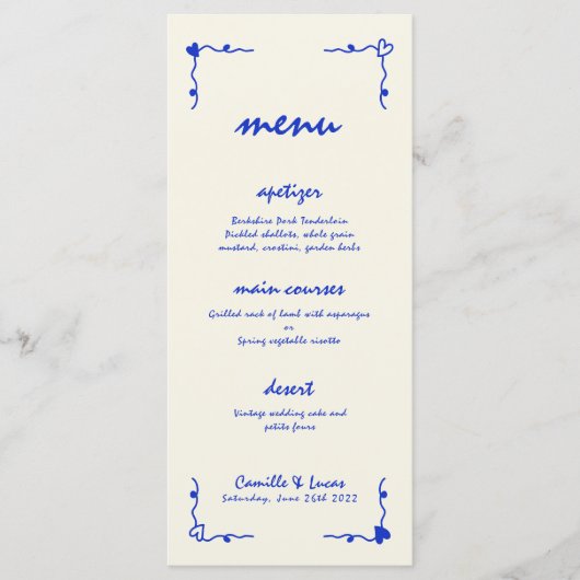 Retro Handgeschreven Whimsical Blue Wedding Menu (Voorkant)