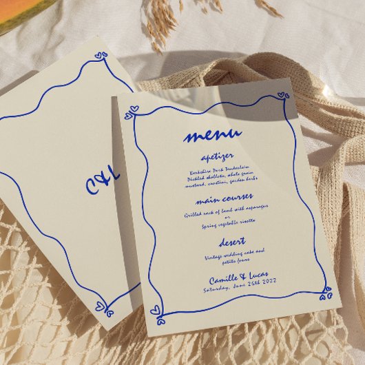 Retro Handgeschreven Whimsical Blue Wedding Menu Kaart