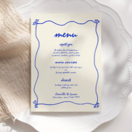 Retro Handgeschreven Whimsical Blue Wedding Menu Kaart