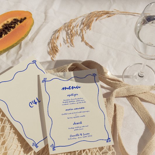 Retro Handgeschreven Whimsical Blue Wedding Menu Kaart
