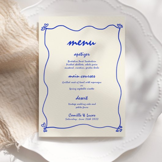 Retro Handgeschreven Whimsical Blue Wedding Menu Kaart