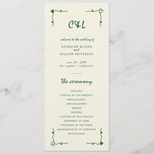 Retro Handgeschreven Whimsical Green Flat Programm Programmakaart (Voorkant)