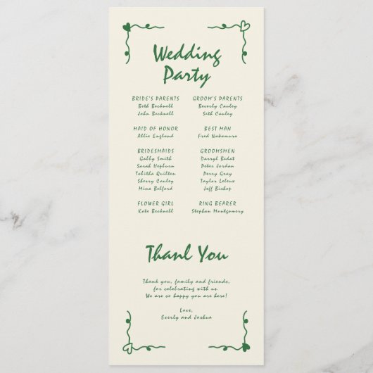 Retro Handgeschreven Whimsical Green Flat Programm Programmakaart (Achterkant)