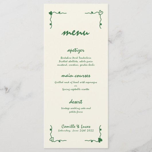Retro Handgeschreven Whimsical Groene Bruiloft Men Menu (Voorkant)