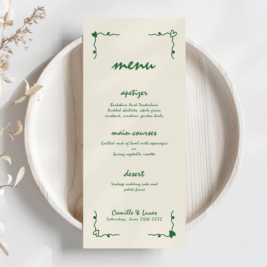 Retro Handgeschreven Whimsical Groene Bruiloft Men Menu