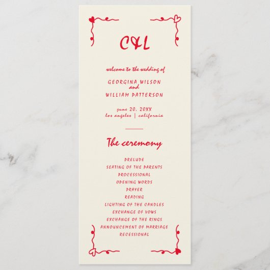 Retro Handgeschreven Whimsical Red Flat Programma Programmakaart (Voorkant)