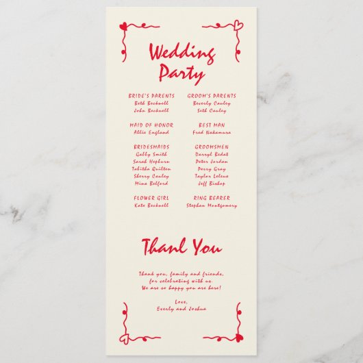 Retro Handgeschreven Whimsical Red Flat Programma Programmakaart (Achterkant)