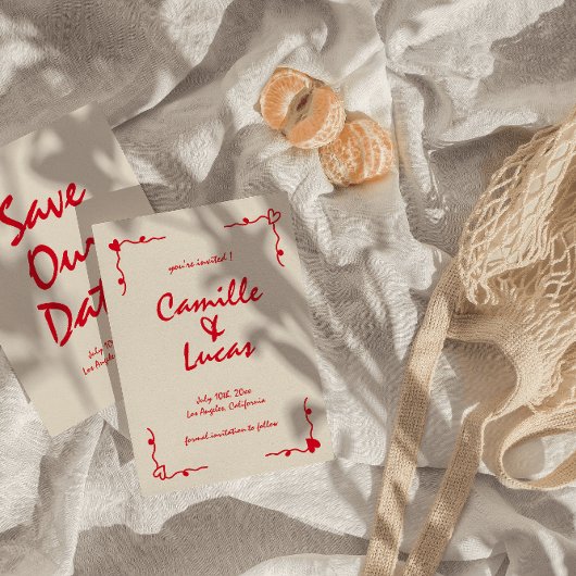 Retro Handgeschreven Whimsical Red Sla de data op Kaart