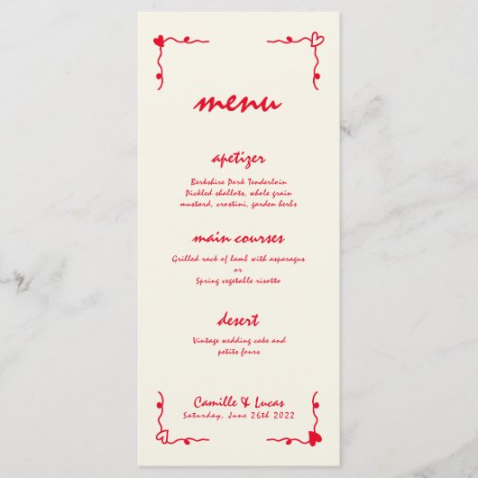 Retro Handgeschreven Whimsical Rood Bruiloft Menu (Voorkant)