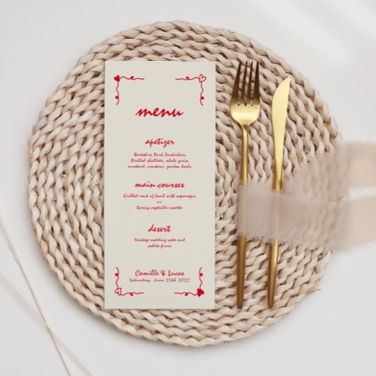 Retro Handgeschreven Whimsical Rood Bruiloft Menu