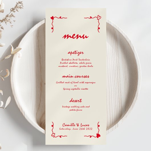 Retro Handgeschreven Whimsical Rood Bruiloft Menu