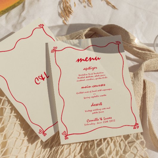 Retro Handgeschreven Whimsical Rood Bruiloft Menu Kaart