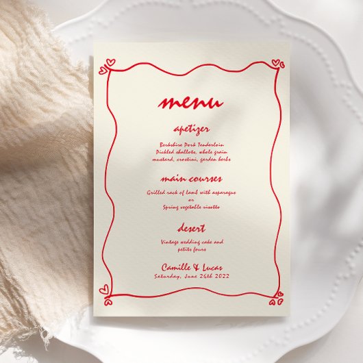Retro Handgeschreven Whimsical Rood Bruiloft Menu Kaart